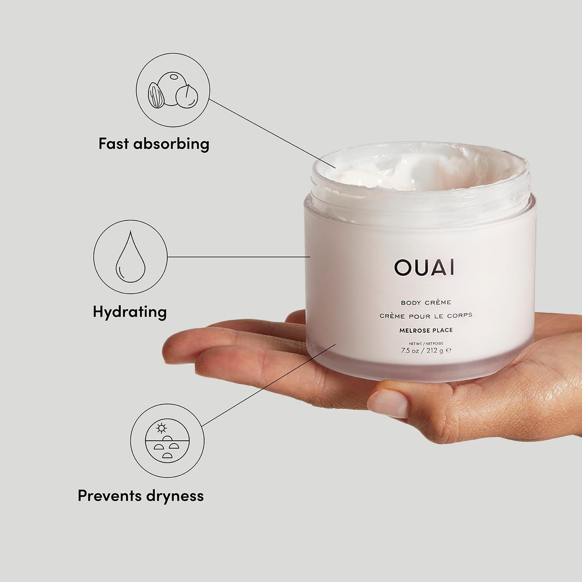 OUAI whipped body cream close-up texture demonstrating fast-absorbing, rich moisture