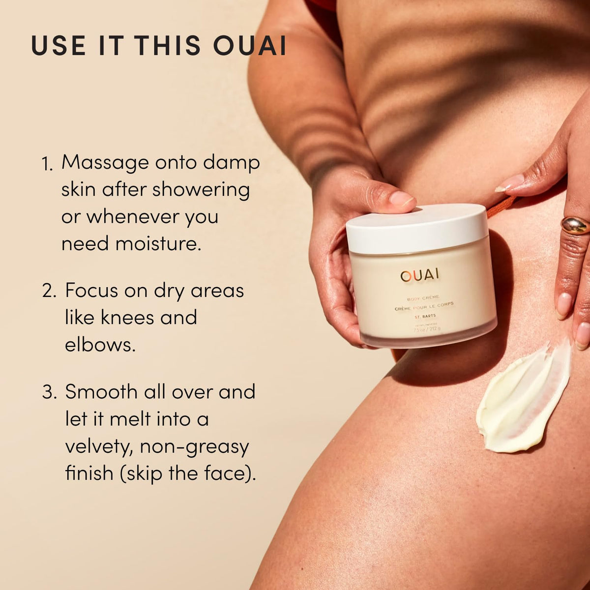 OUAI open jar topdown showing rich whipped cream texture for smoothing benefit