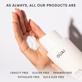 OUAI refill and bottle staged on bathroom shelf to illustrate sustainable routine benefit