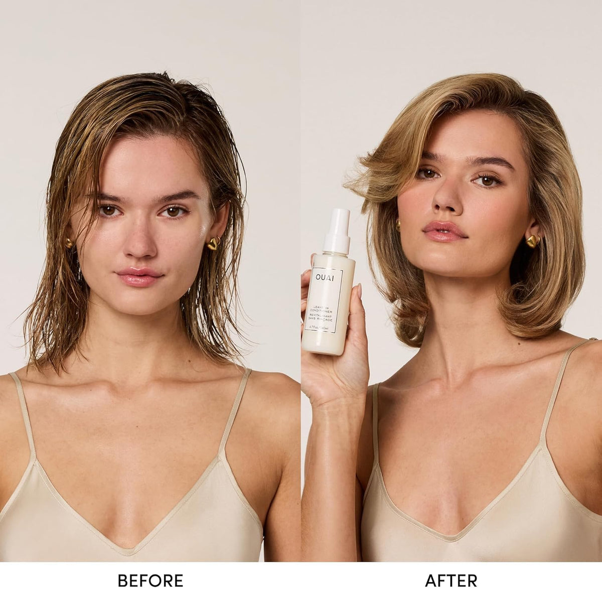 OUAI closeup nozzle spraying mist, even lightweight distribution benefit