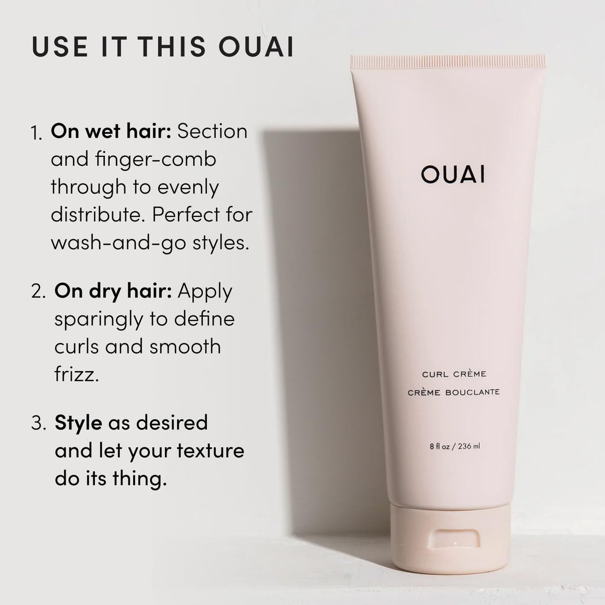 OUAI curl cream styled hair dried with diffuser showing enhanced volume and shine