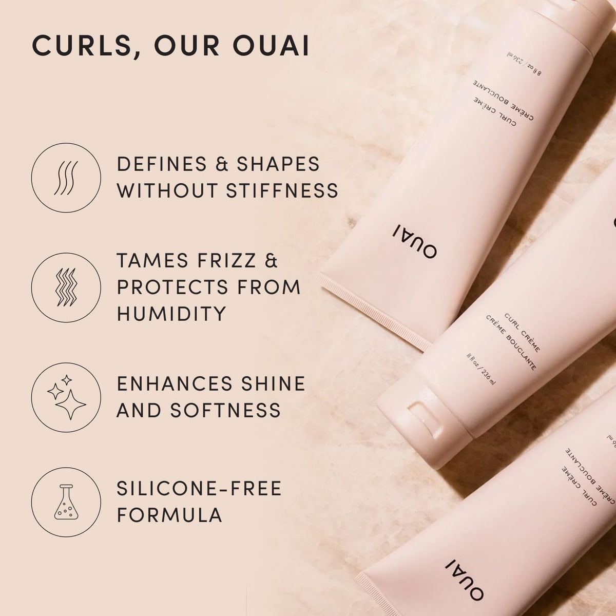 OUAI curl cream being dispensed to demonstrate controlled pump application benefit