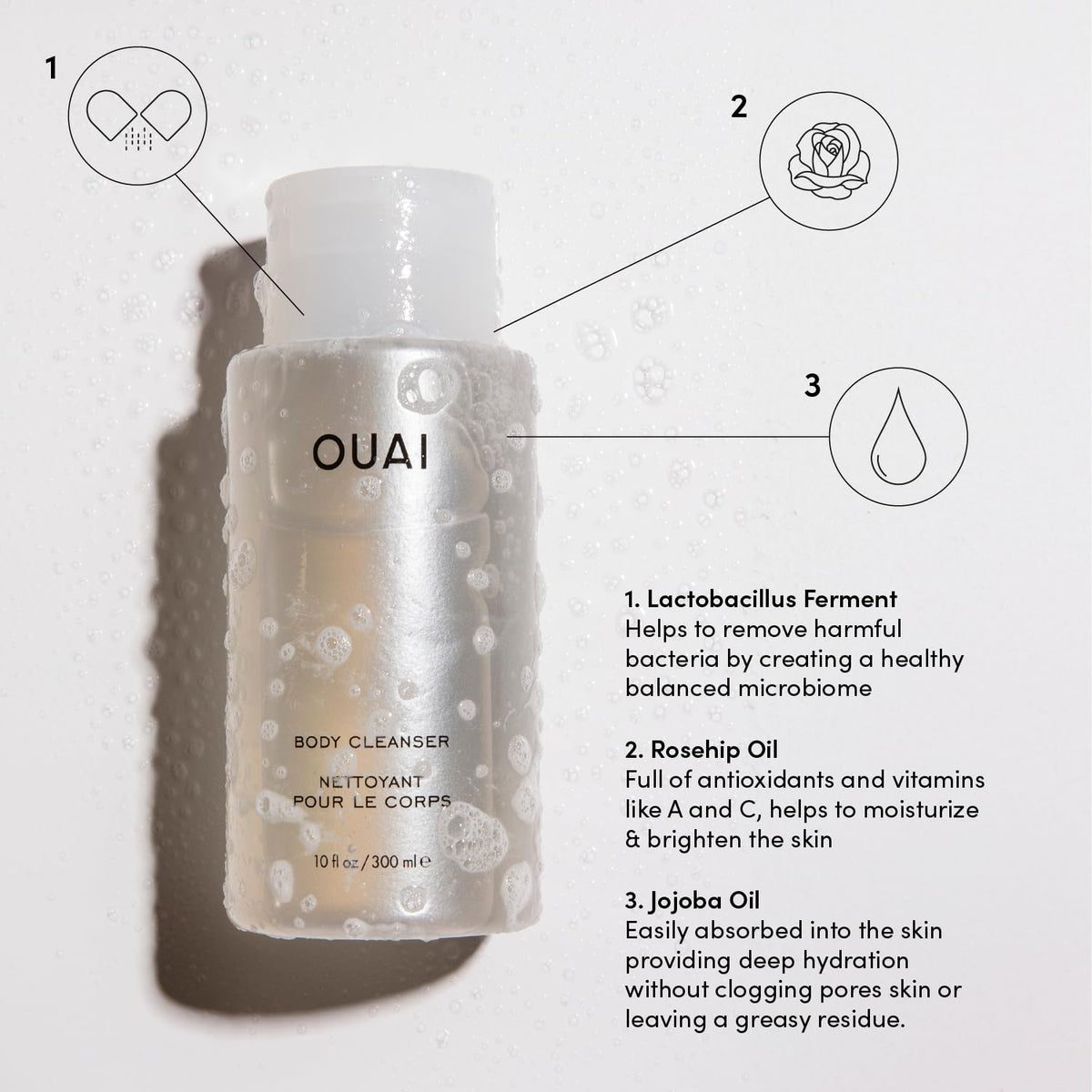 OUAI Dean Street close-up of oil-infused texture, showing jojoba and rosehip hydration