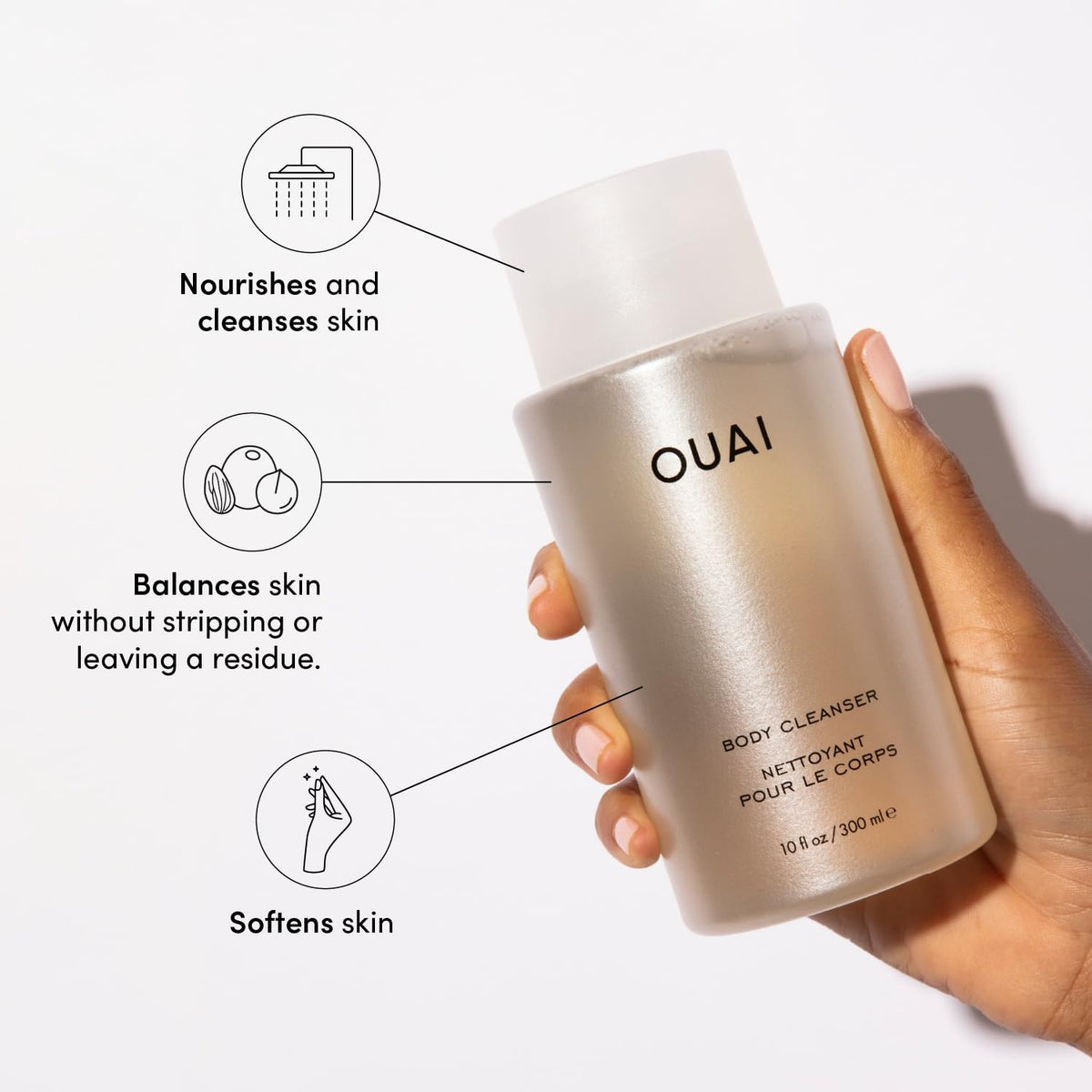OUAI Dean Street pump and airy foam dispensed, demonstrating rich lather and ease