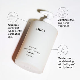 OUAI pump detail highlighting easy-dispense nozzle and mess-free application benefit