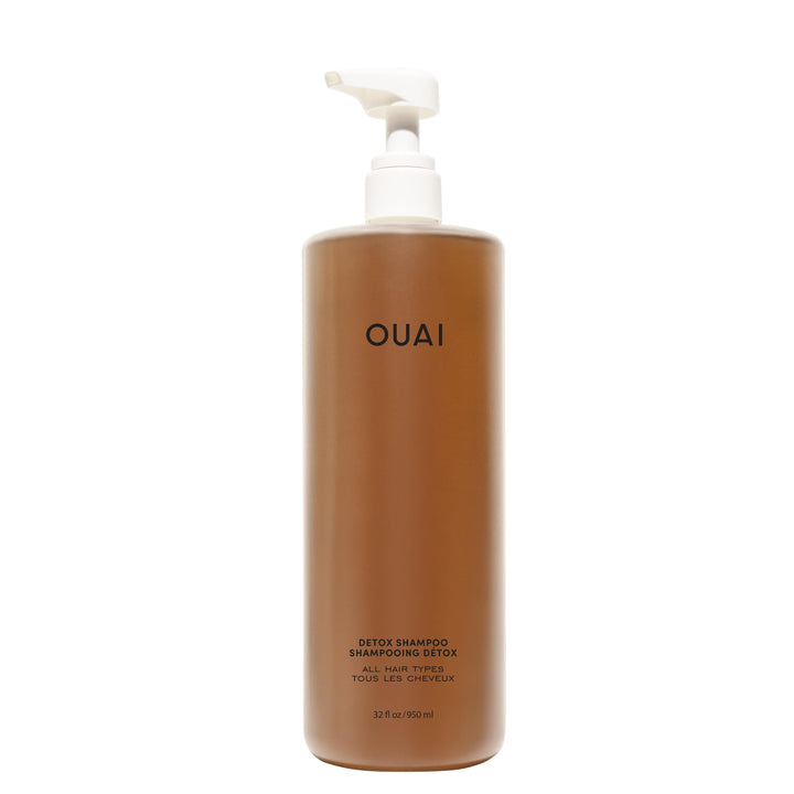 OUAI detox shampoo front bottle shows salon size and clean design benefit convenience