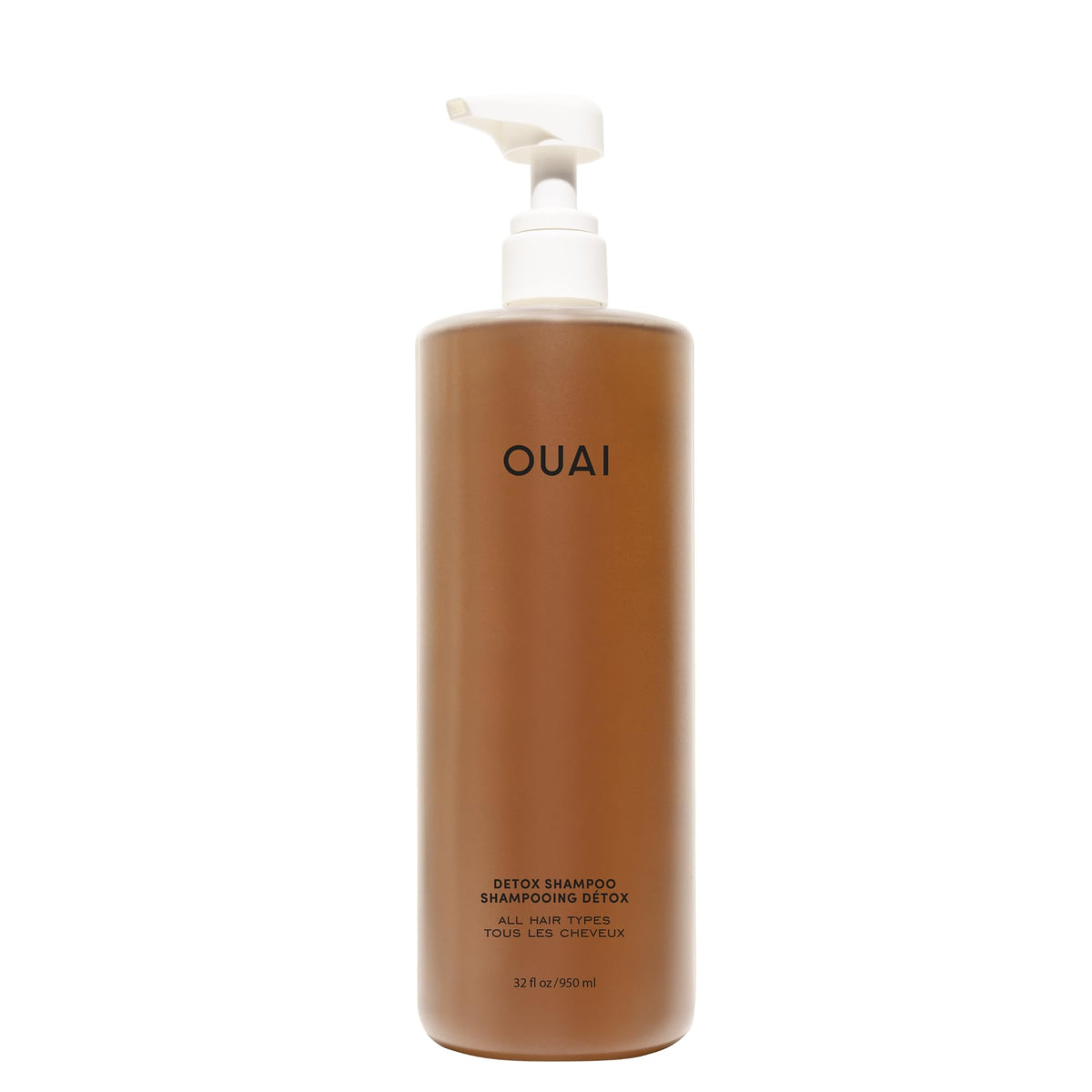 OUAI detox shampoo front bottle shows salon size and clean design benefit convenience