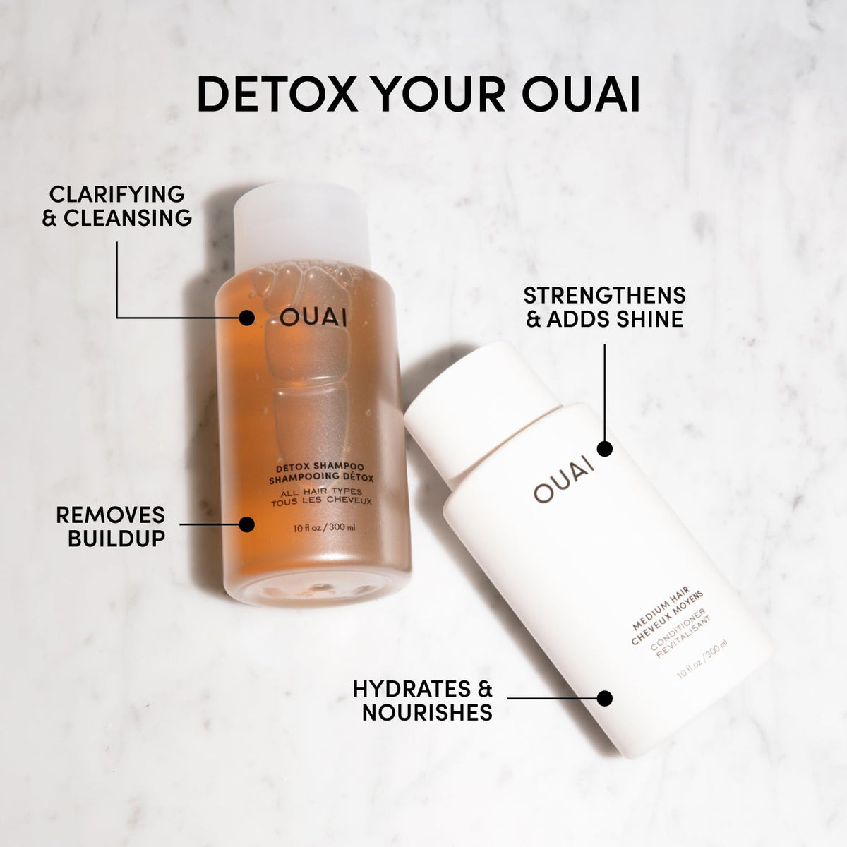 OUAI detox shampoo pump close-up demonstrating easy dispensing