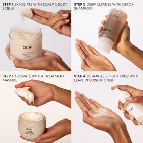 OUAI detox shampoo scale comparison with common bottle to show 32 oz value