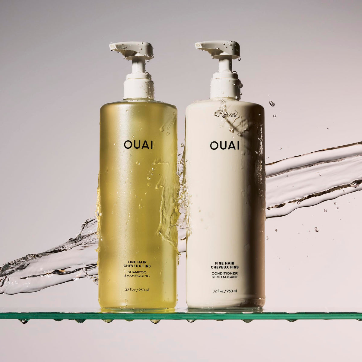 OUAI pump dispensing conditioner highlighting easy salon-size use