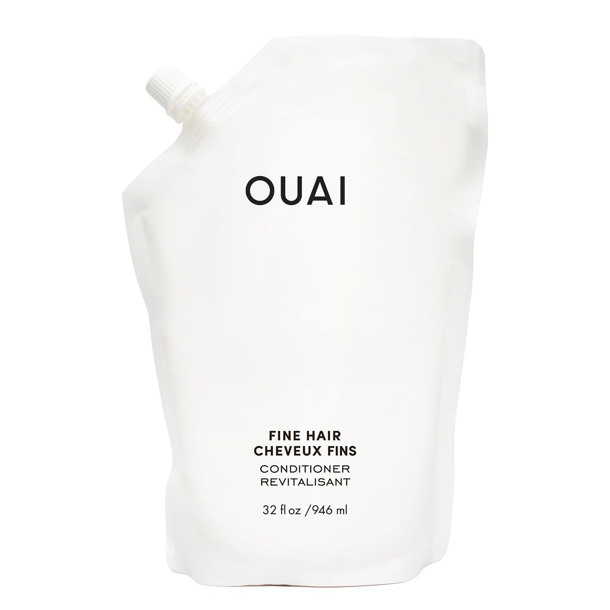 OUAI refill pouch front view showing packaging and size benefit: eco-friendly refill