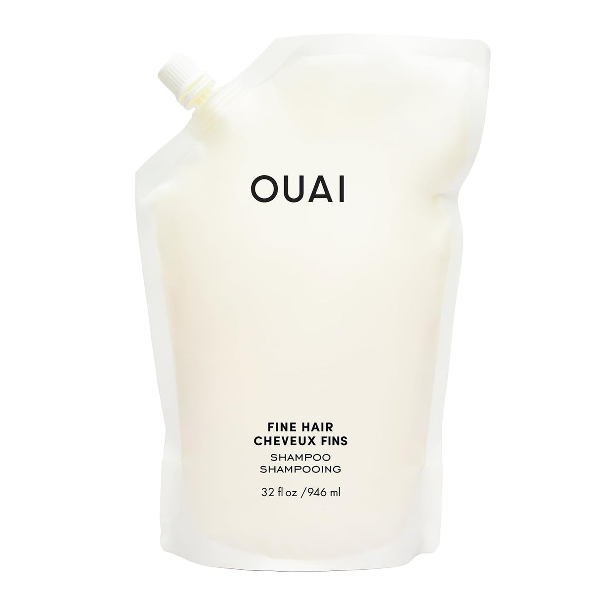OUAI fine hair shampoo front view showing bottle and branding, promotes volume