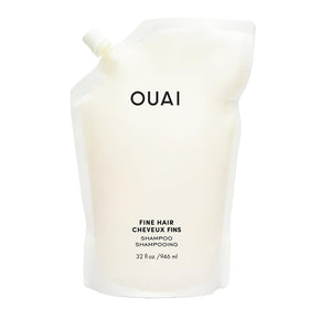 OUAI fine hair shampoo front view showing bottle and branding, promotes volume