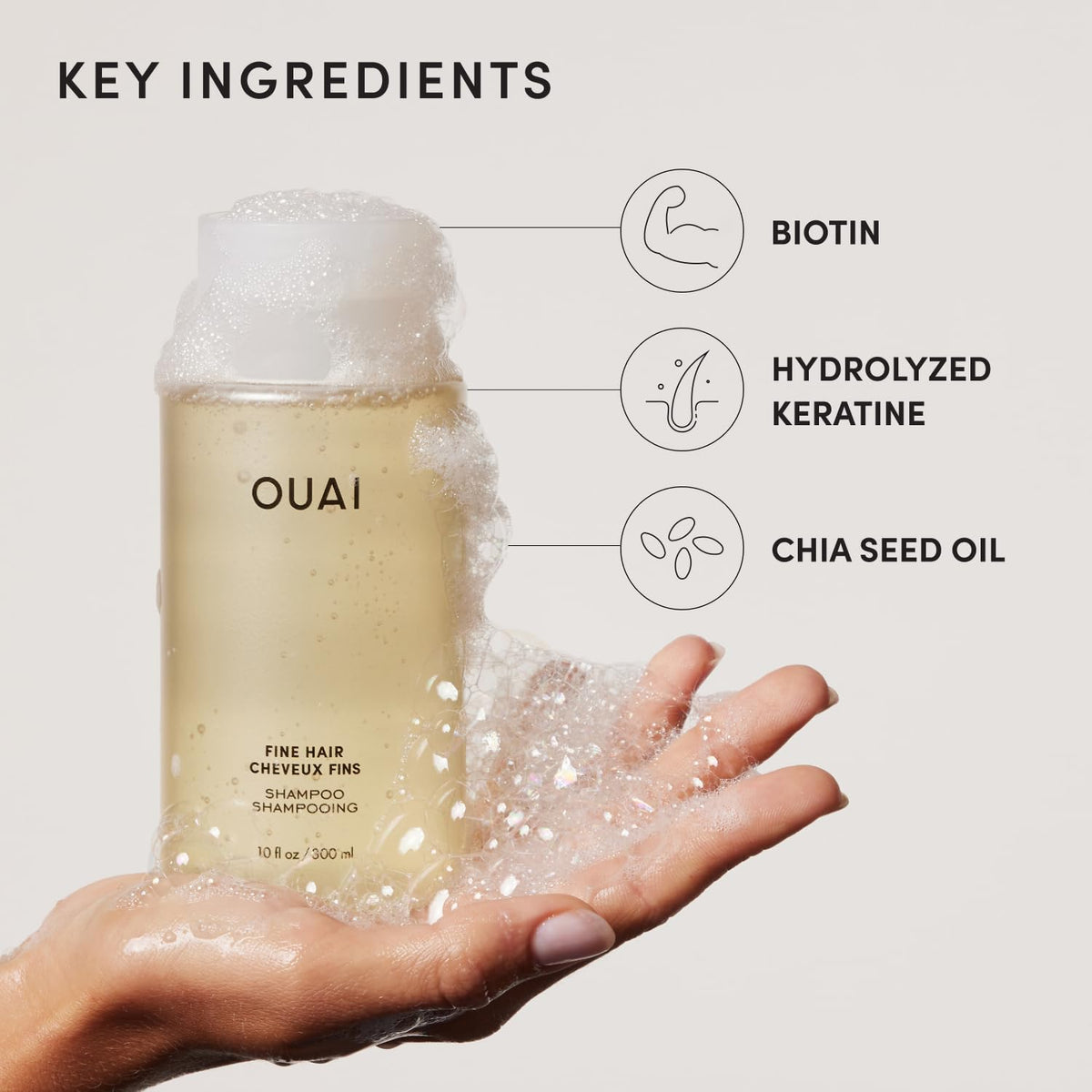 OUAI shampoo on bathroom shelf lifestyle shot conveying everyday luxury