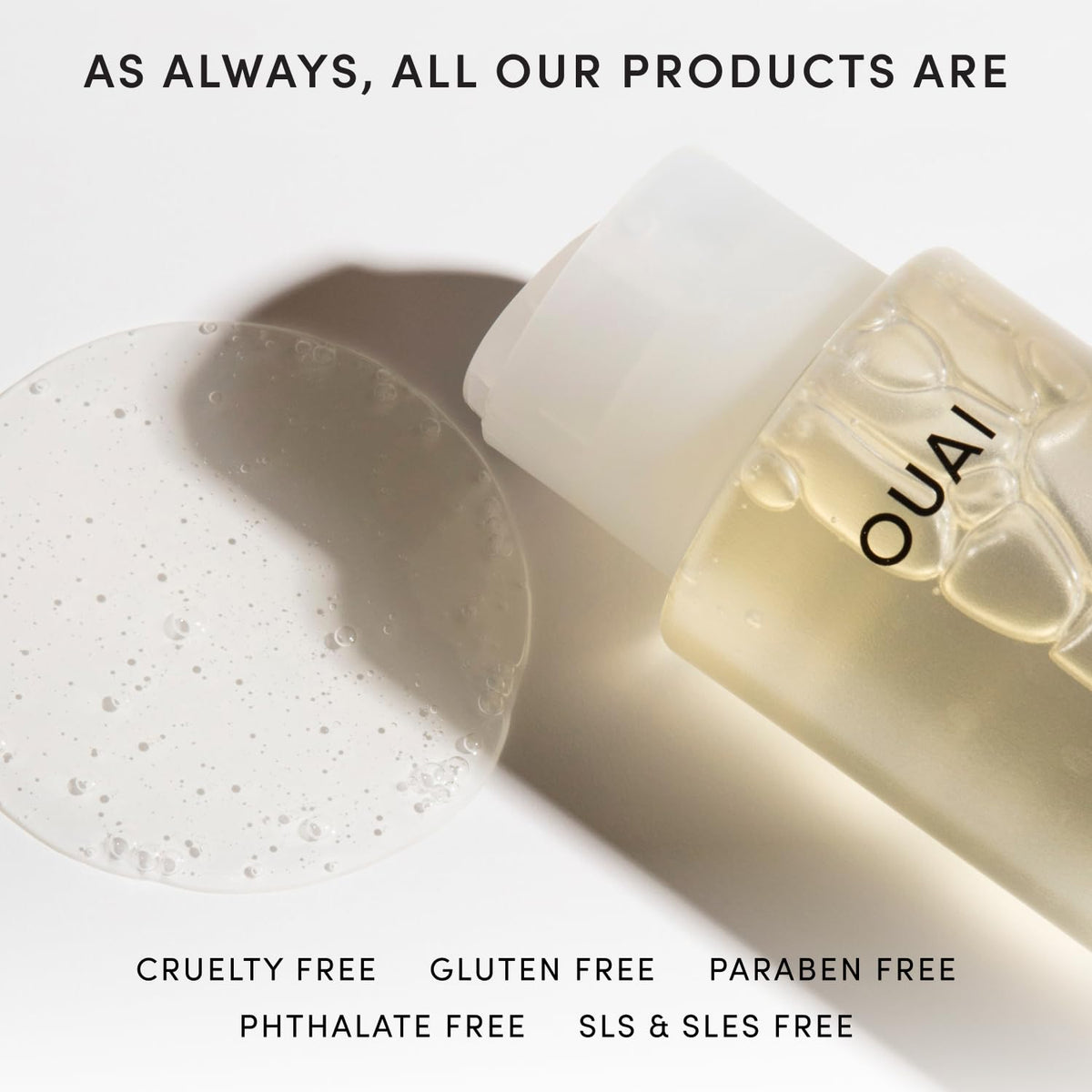 OUAI bottle on bathroom vanity suggesting everyday use and fresh scent