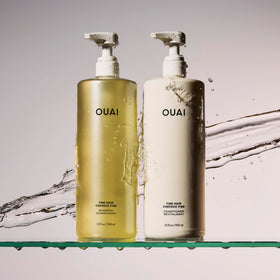 OUAI label and pump detail highlighting easy dispensing and salon size