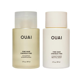 OUAI travel front packaging showing compact volumizing set benefit portability