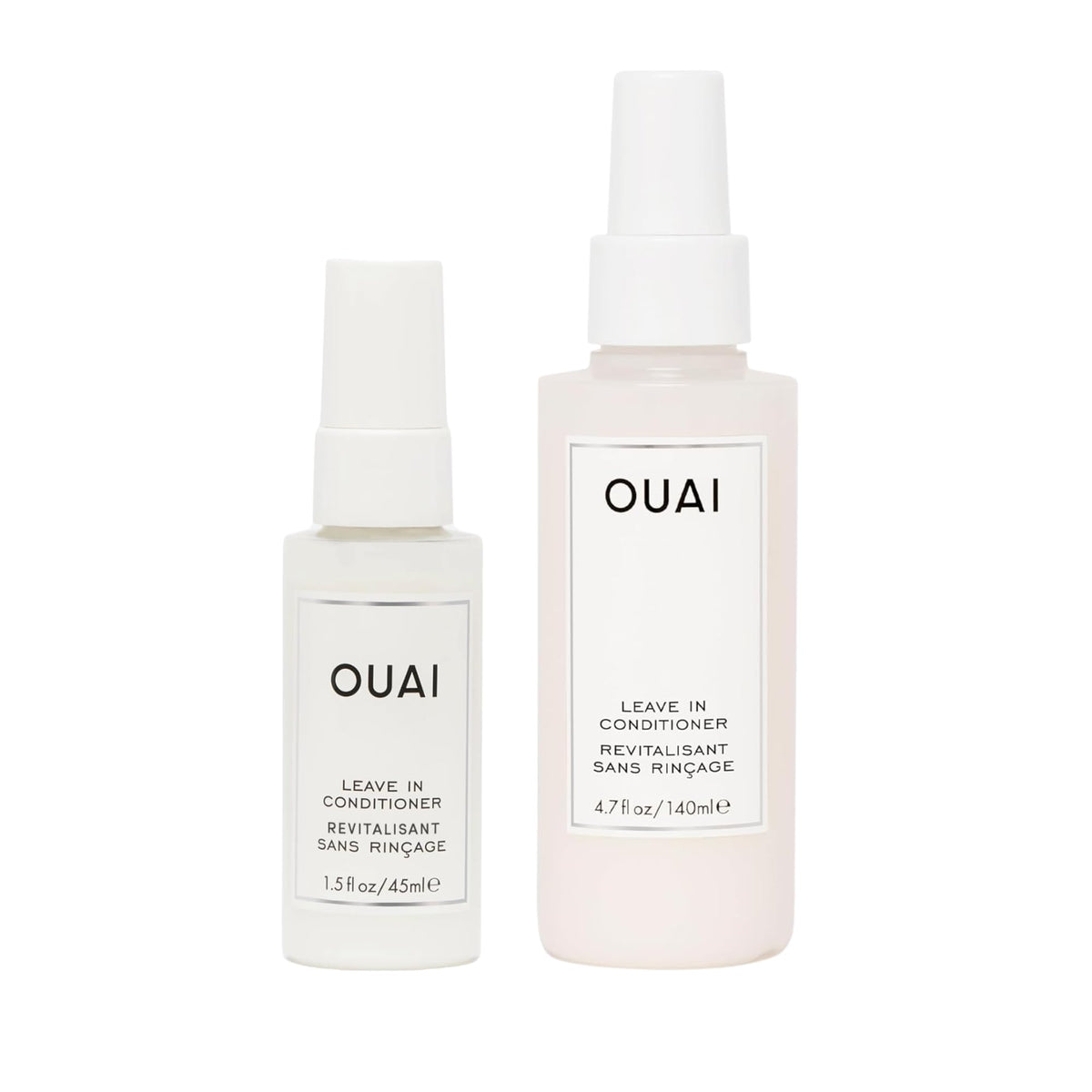 OUAI front view of full pump and travel bottle, convenient styling duo