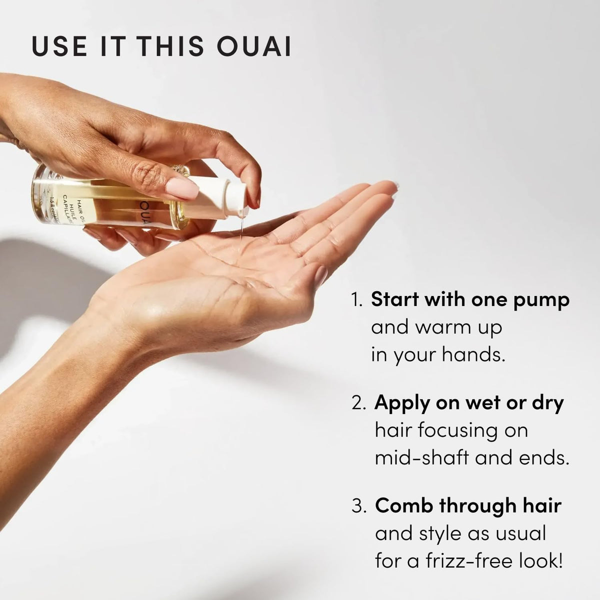 OUAI before and after split-end smoothing and frizz reduction