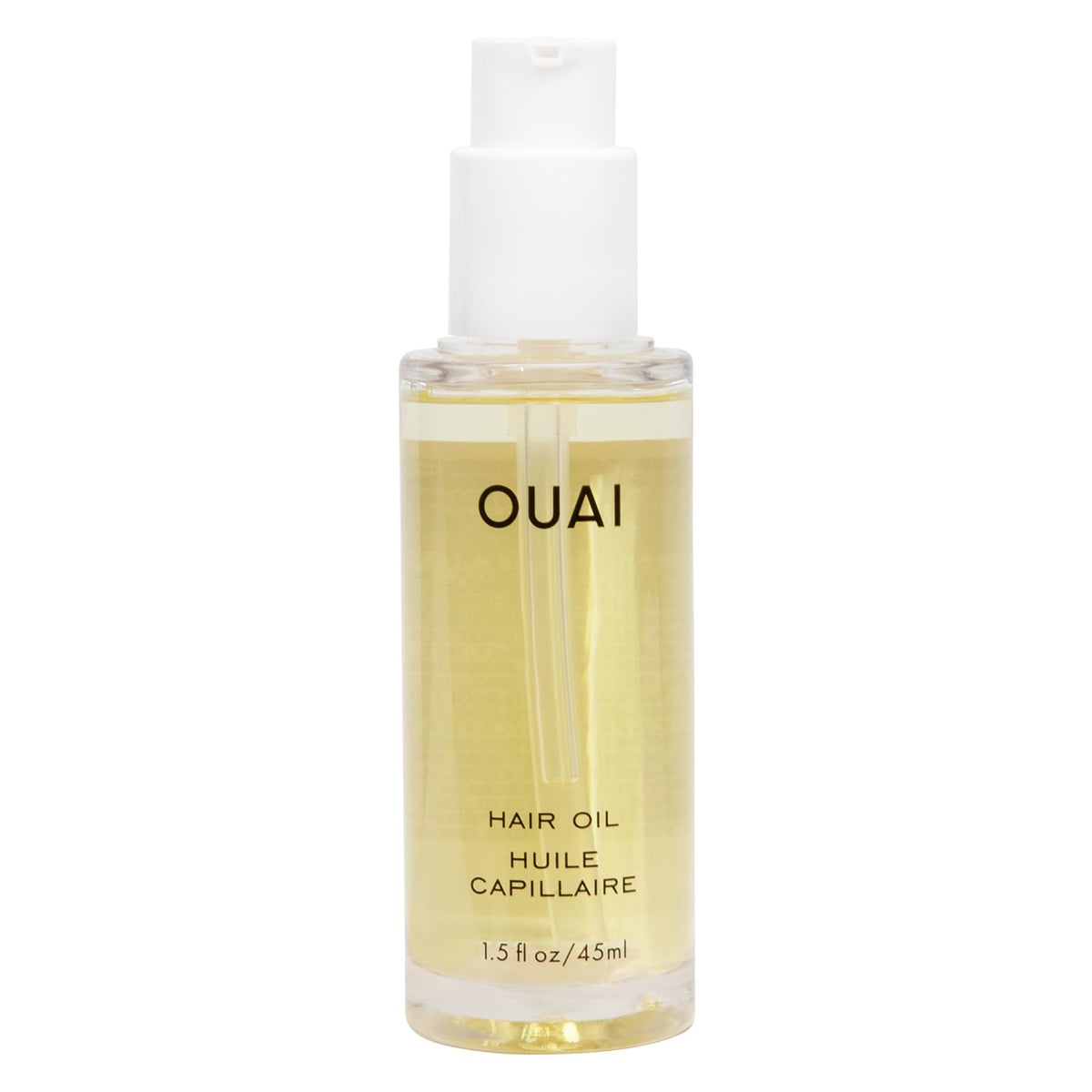 OUAI bottle front view showing label and compact travel size benefit