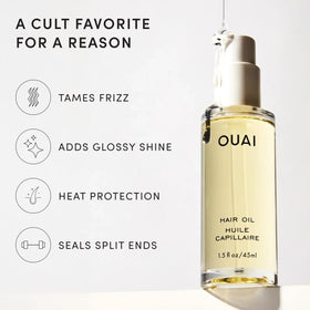 OUAI oil droplets on surface highlighting lightweight texture and shine