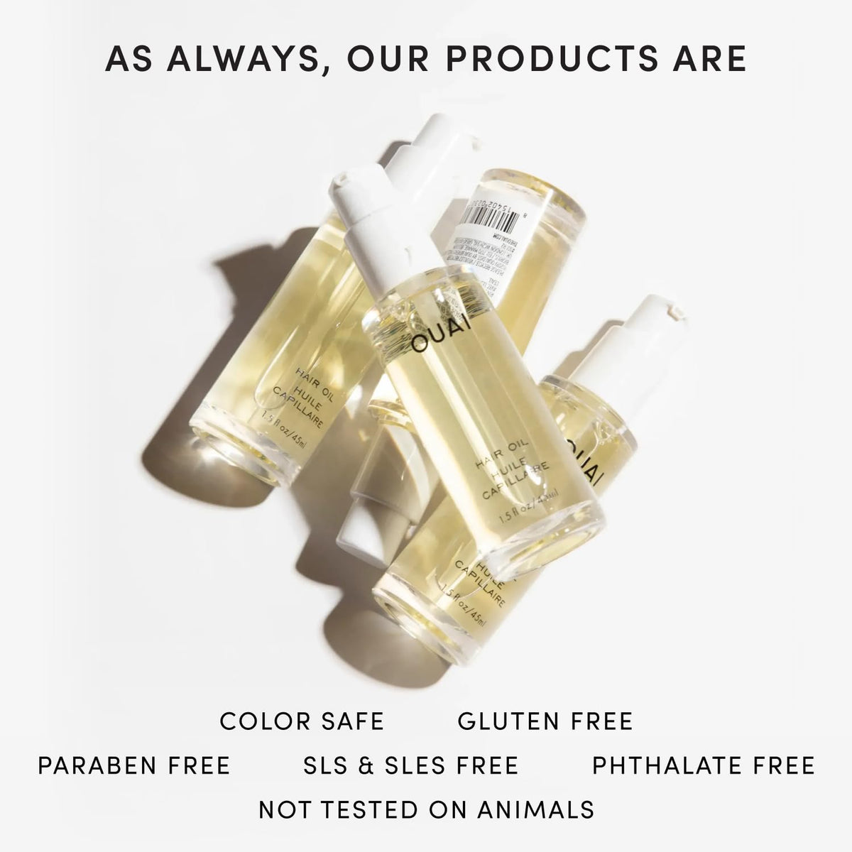 OUAI hair oil on bathroom vanity suggesting everyday styling convenience