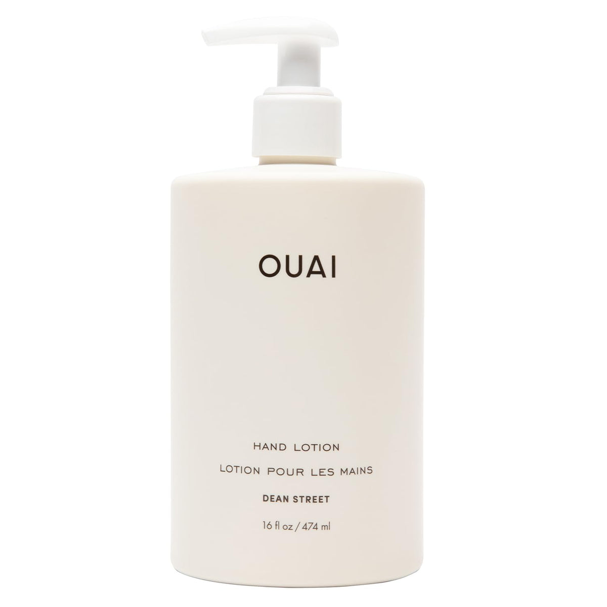 OUAI hand lotion front pump bottle showing label and pump for easy use