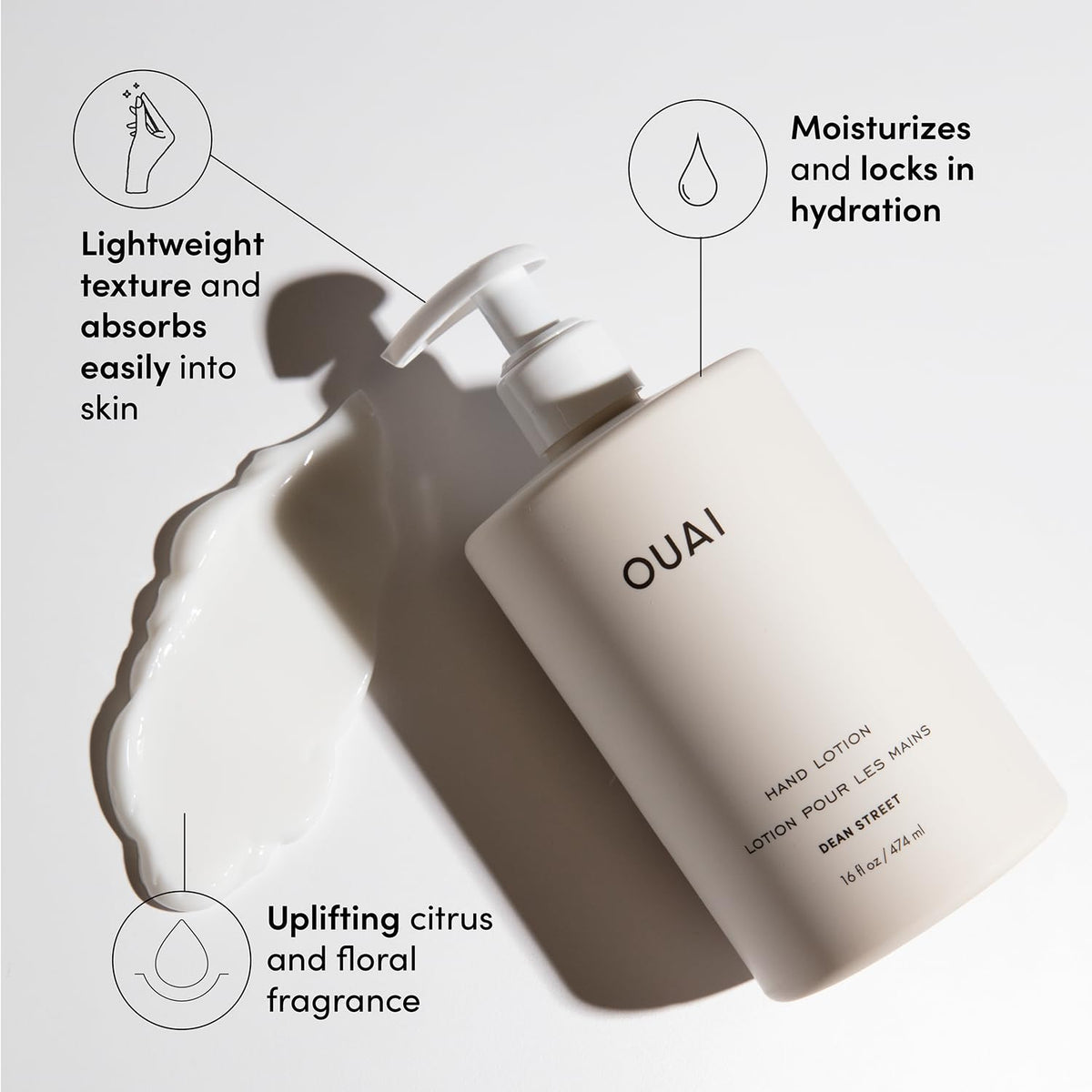 OUAI hand lotion cream pouring to show lightweight absorbent texture and hydration