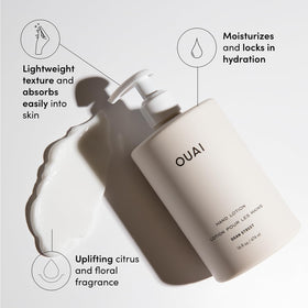OUAI hand lotion cream pouring to show lightweight absorbent texture and hydration