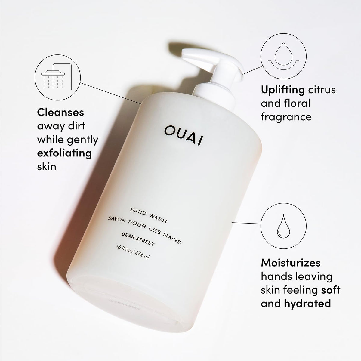 OUAI hand wash pump detail with tightened base, easy no-drip dispensing