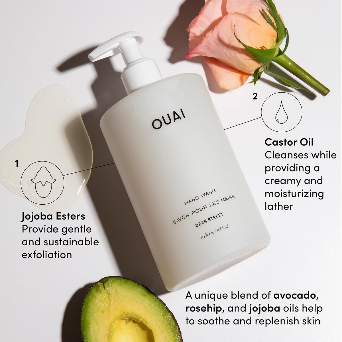 OUAI hand wash creamy foam texture close-up, gentle exfoliating lather