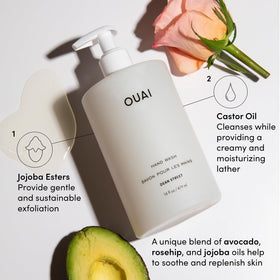OUAI hand wash creamy foam texture close-up, gentle exfoliating lather