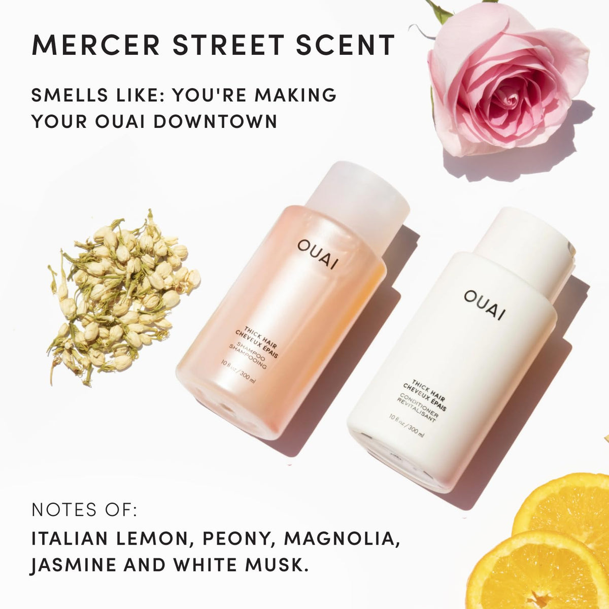 OUAI bottles on bathroom shelf in lifestyle scene for routine simplicity