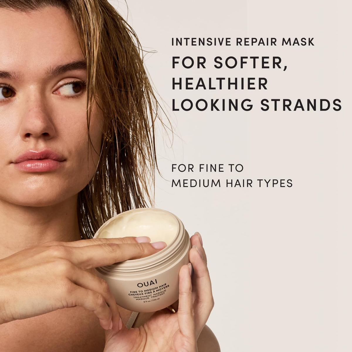 OUAI open jar texture close-up highlighting creamy masque for visible hydration