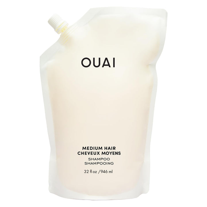 OUAI medium shampoo front view showcasing 32 oz refill and packaging benefit