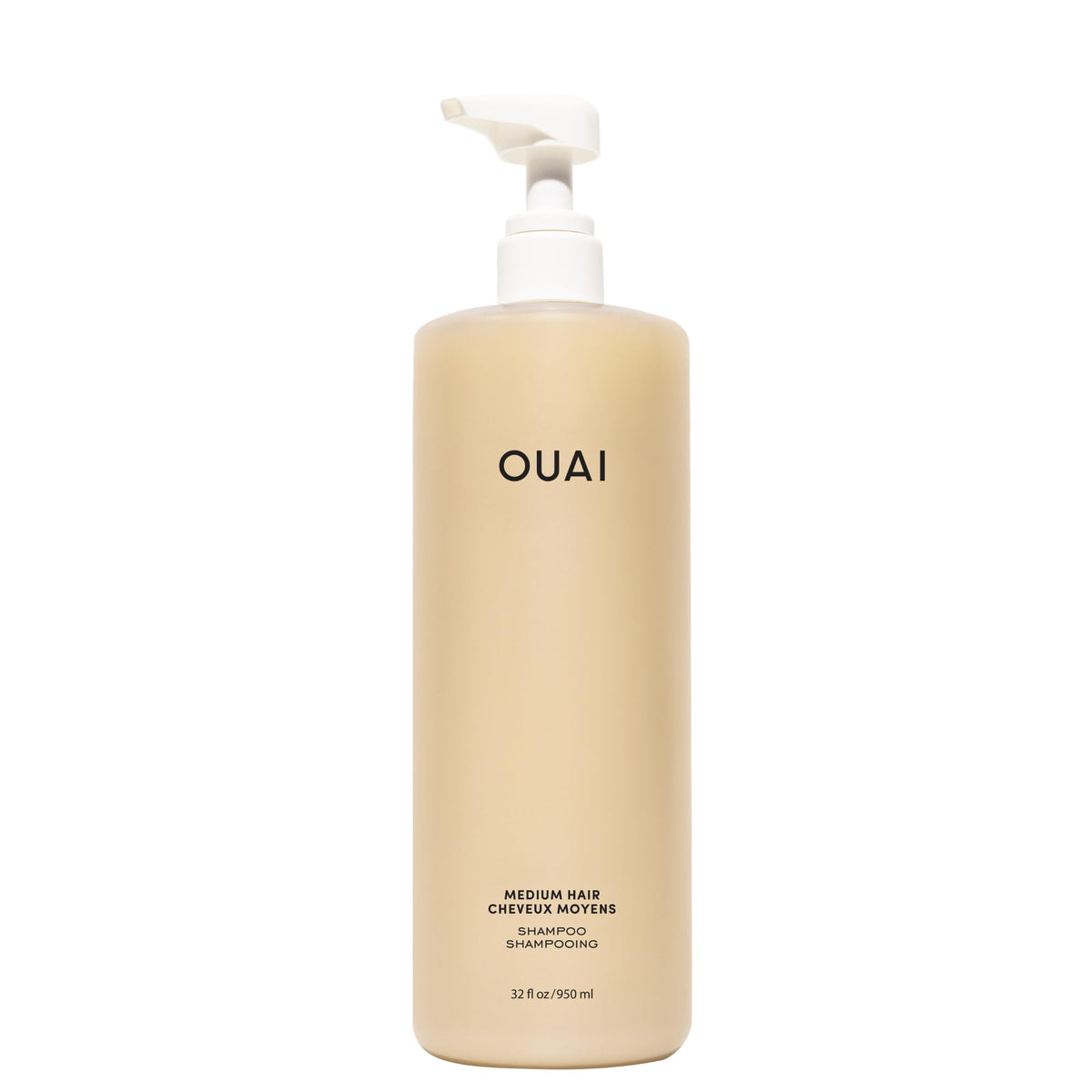 OUAI front packaging of 32 oz medium shampoo, clear benefit: long-lasting supply