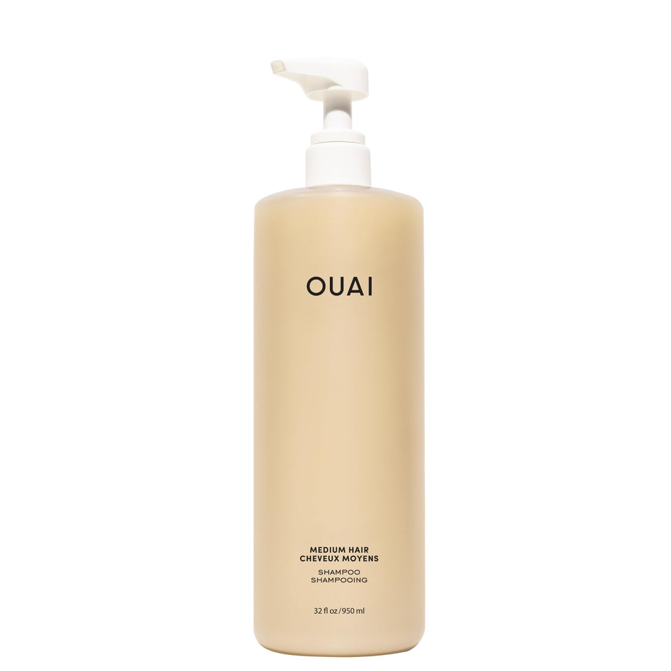 OUAI front packaging of 32 oz medium shampoo, clear benefit: long-lasting supply