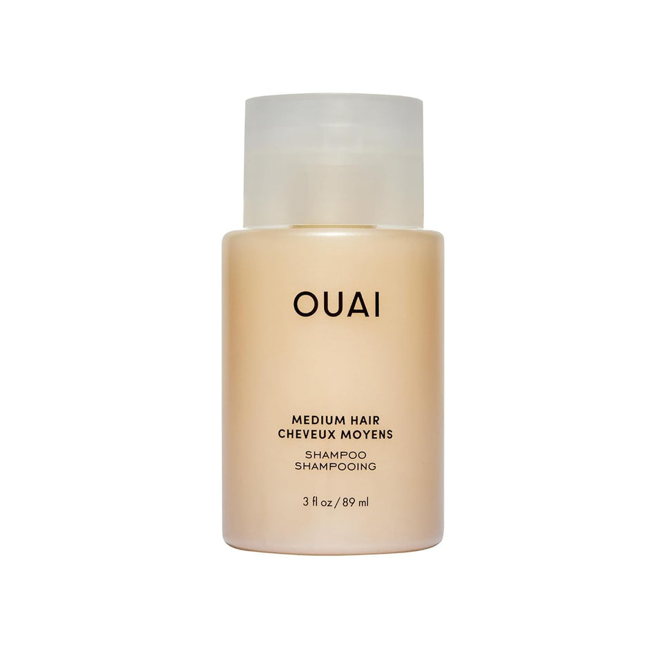 OUAI medium shampoo front packaging showing travel bottle and branding benefit portable cleansing