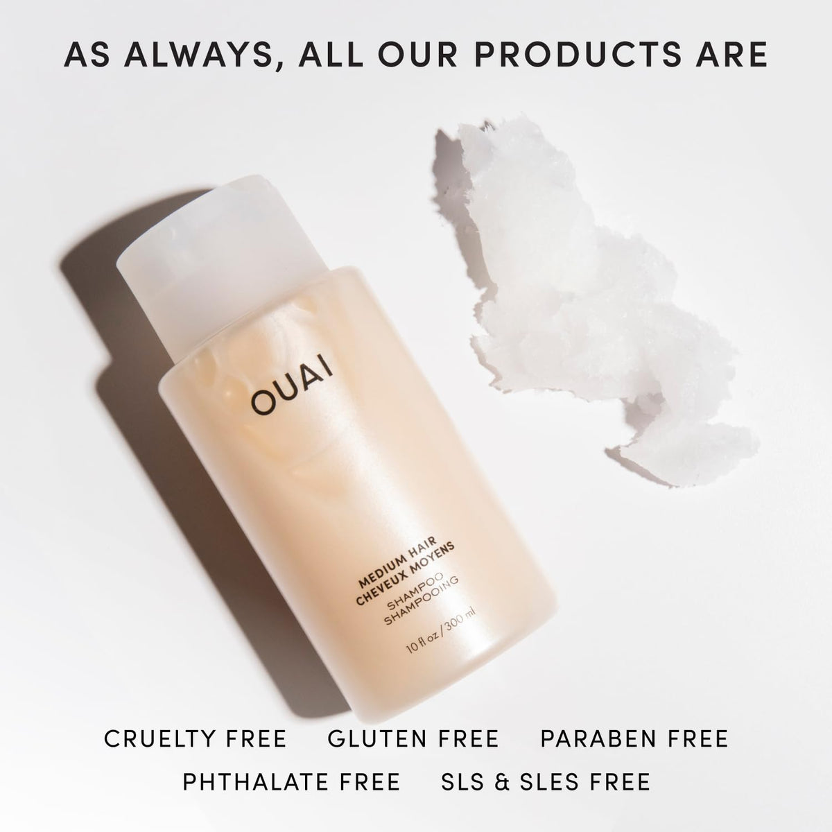OUAI hair before and after using shampoo, benefit: reduced frizz and shine