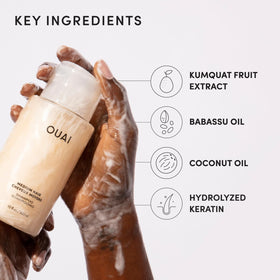 OUAI product label close-up showing ingredients, benefit: transparent formulation