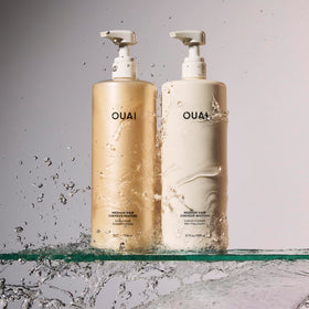 OUAI shampoo pump and cap detail, benefit: easy controlled dispensing