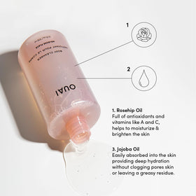 OUAI foam texture on hand displaying creamy suds and hydrating feel from jojoba oil