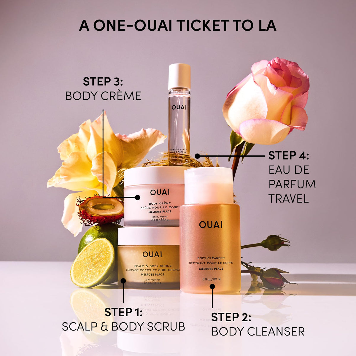 OUAI Melrose Place label detail highlighting recyclable packaging and claims