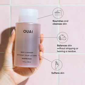OUAI pump closeup highlighting dispenser and easy one-handed use for controlled lather