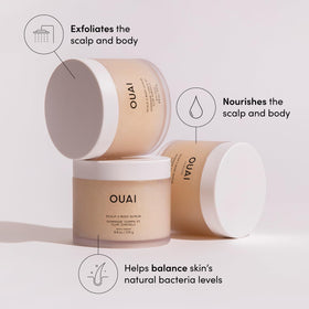OUAI products staged in shower showing routine-ready cleaning and conditioning benefit