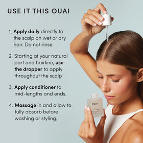 OUAI bottle label close-up emphasizing ingredient list and clean formula