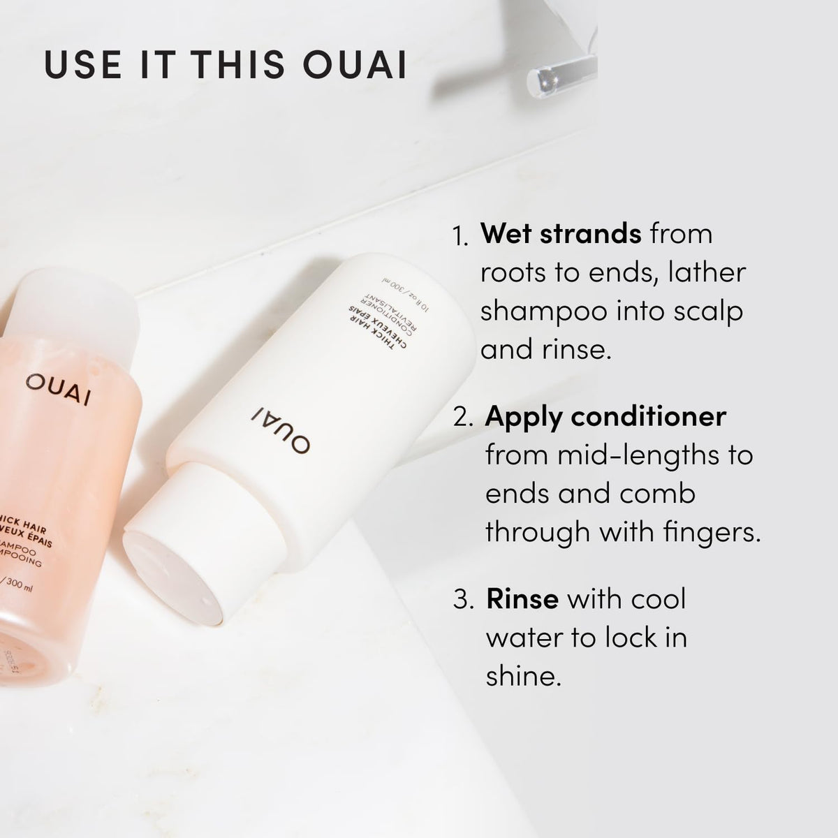 OUAI shampoo lathering in hand demonstrating gentle cleansing action