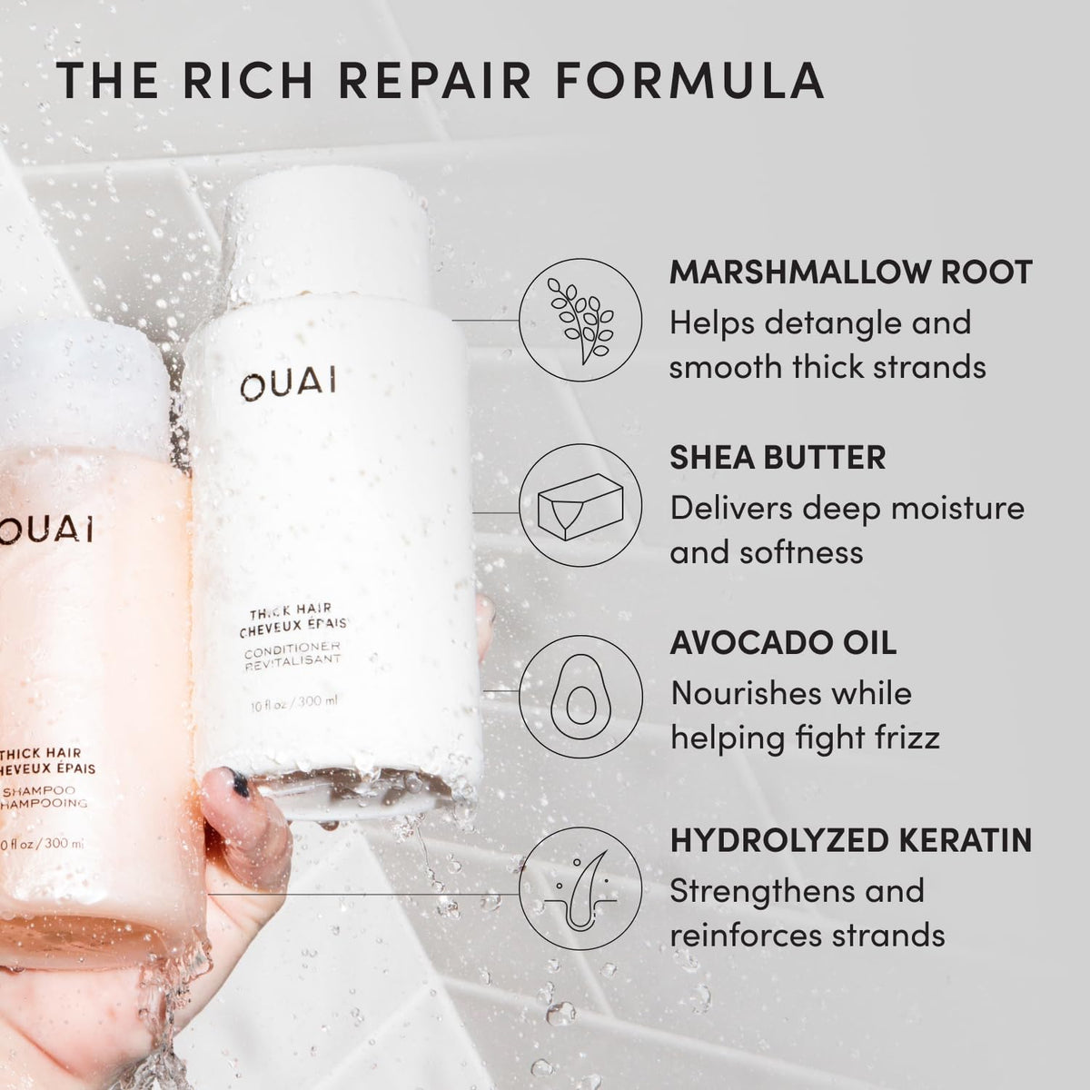 OUAI shampoo being dispensed showing recommended amount benefit