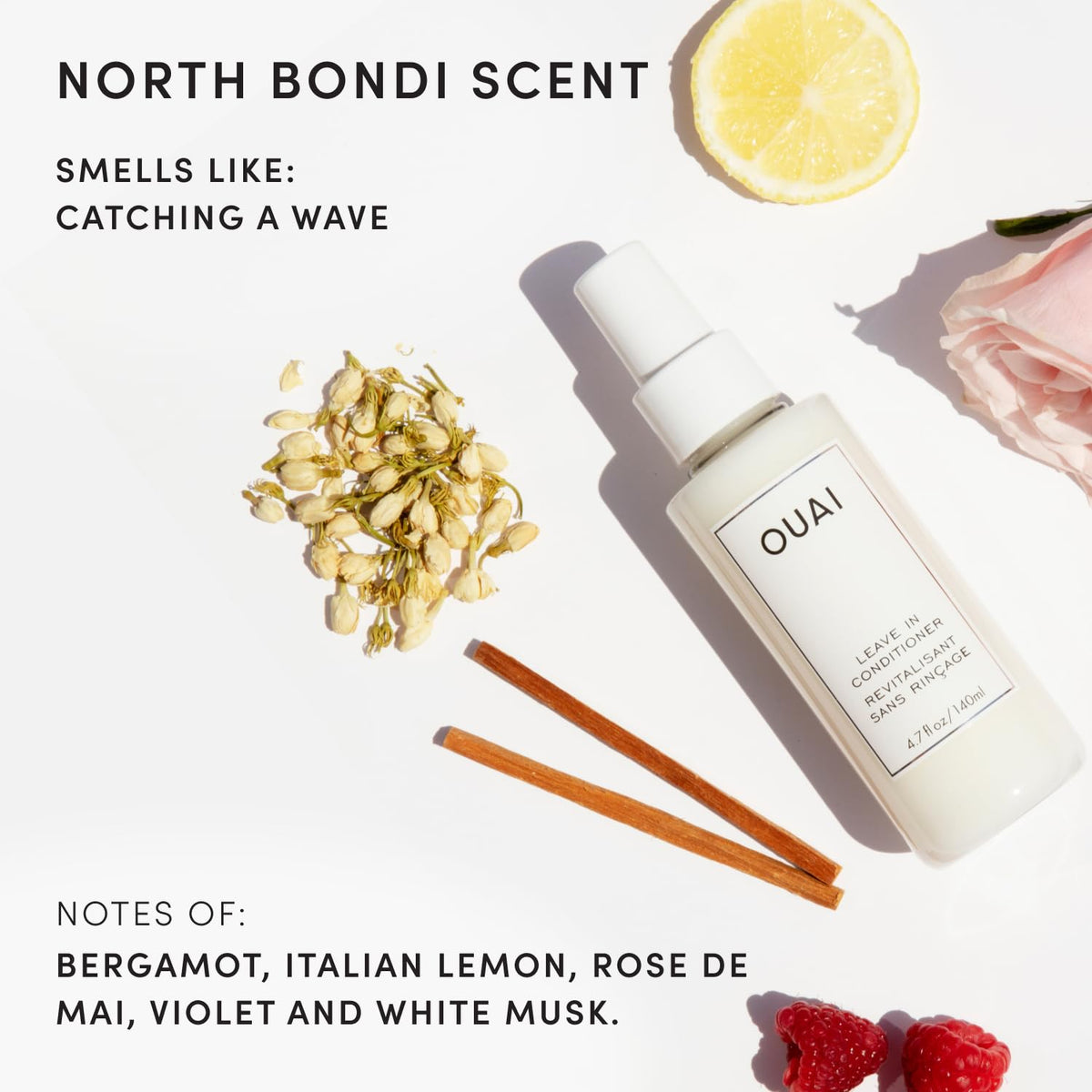 OUAI bottle next to passport showing travel-size convenience
