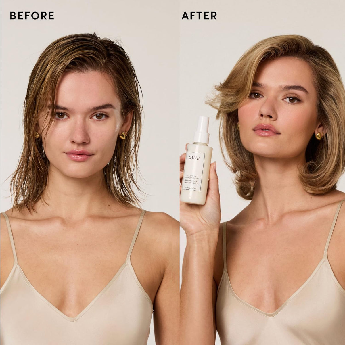 OUAI mist on hair mid-lengths showing smoother, frizz-controlled strands